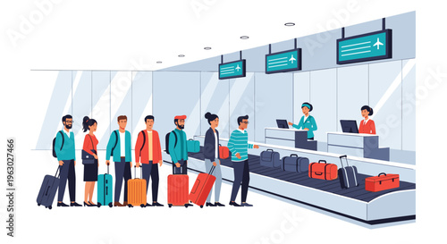Queue of travelers with luggage waiting at an airport check-in counter to process their boarding passes and bags.