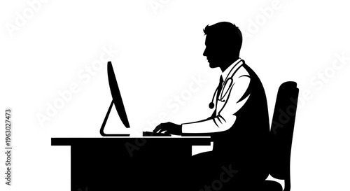 Silhouette of a doctor working on a computer at a desk.