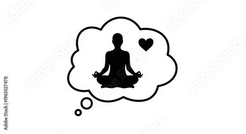 Silhouette of person meditating in thought bubble with heart.