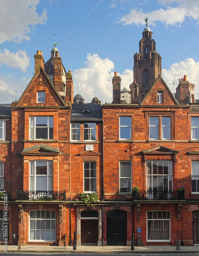 Fototapeta premium A large, red brick building with multiple gables and balconies