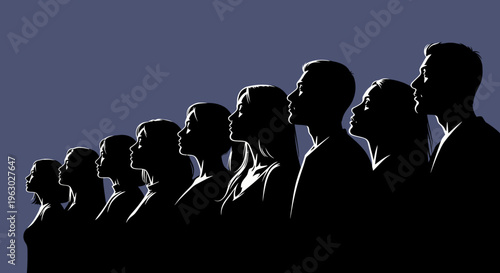 Silhouetted Group of People Standing in Profile.