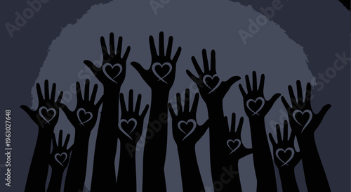 Many raised hands with hearts symbolizing unity and love.