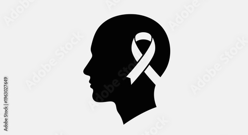 Silhouette of a human head with a white awareness ribbon inside.