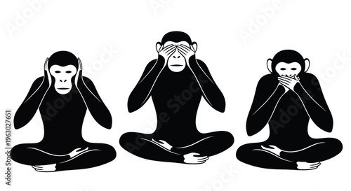 Three Wise Monkeys Silhouettes Meditating Zen Poses.