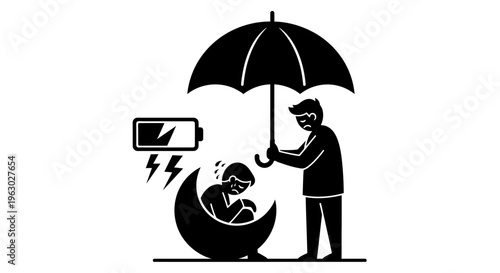 Man Protects Sad Person Under Umbrella With Low Battery Symbol.