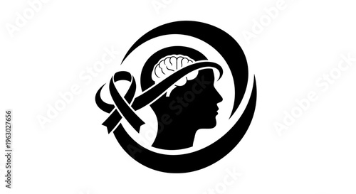 Silhouette of a human head with a brain and awareness ribbon.