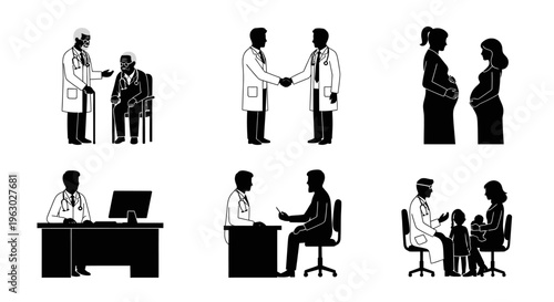 Medical Consultation and Healthcare Scenes Collection Silhouette Icons.