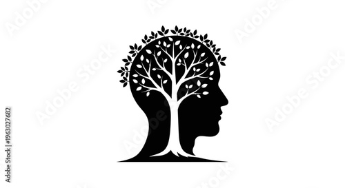 Tree of Life Growing Inside Human Head Silhouette.