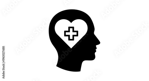 Silhouette of a human head with a heart and cross inside.