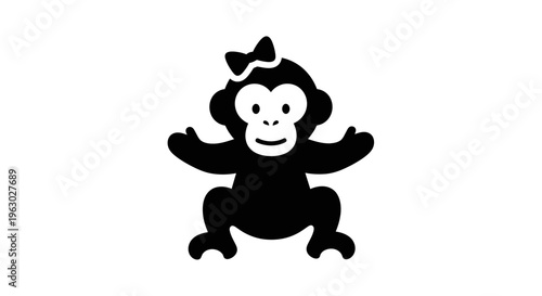 Cute Black Monkey Icon with Bow.