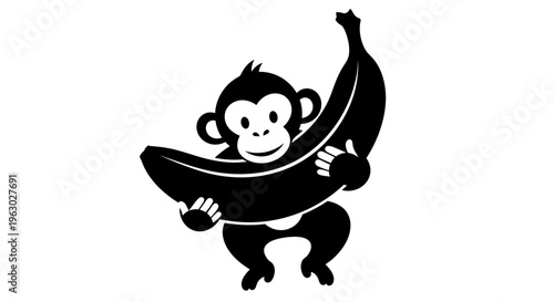 Cute Black Monkey Holding a Large Banana Icon.