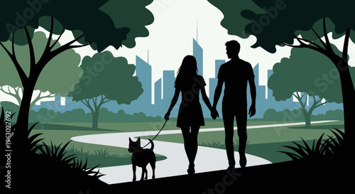 Couple walking dog in park silhouette.