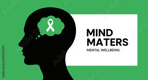 Silhouette of a human head with a green ribbon inside a thought bubble representing mental wellbeing.
