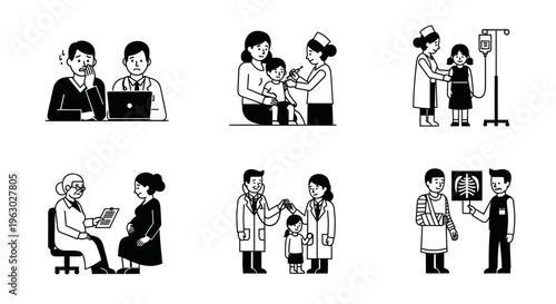 Medical professionals interacting with patients in various healthcare settings.