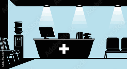 Medical Reception Desk with Computer and Water Cooler.