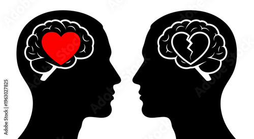Two human heads facing each other with brains showing hearts.