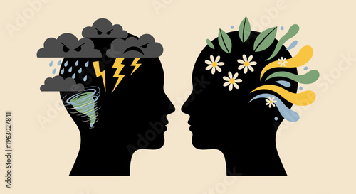 Two human heads facing each other with contrasting weather patterns inside.