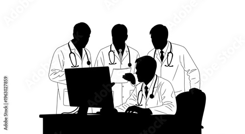 Medical Team Collaborating Around Computer Screen.