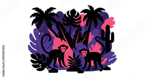 Two playful monkeys in a vibrant jungle setting.