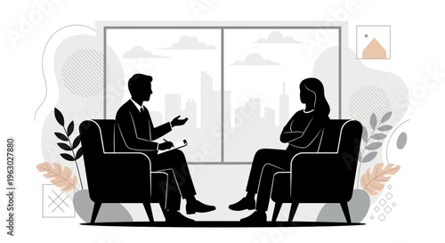 Two silhouetted people in chairs discussing matters.