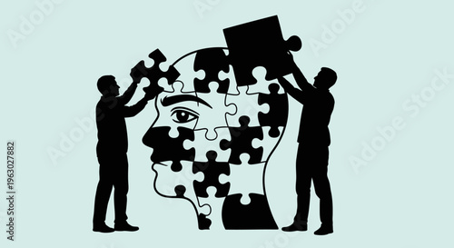 Two Silhouettes Assembling a Human Head Puzzle.