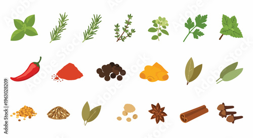 Collection of various herbs and spices on plain surface for cooking and culinary use