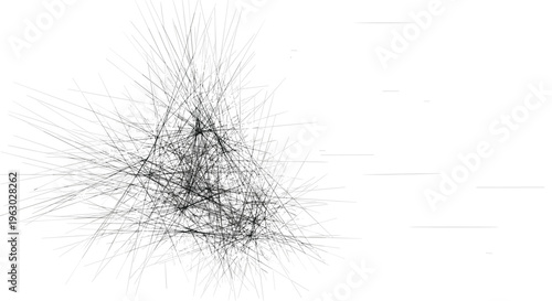 Complex abstract pattern composed of numerous thin black lines converging and spreading outwards from a focal point on a pristine white backdrop.