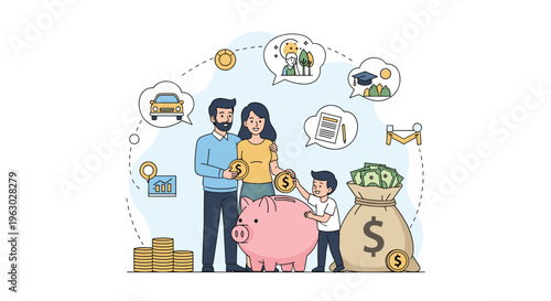 Happy family with a small child saving money together using a large piggy bank and a bag of cash for future goals.