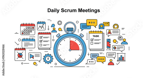 Daily scrum meetings concept for project management showing a stopwatch surrounded by various work productivity icons.
