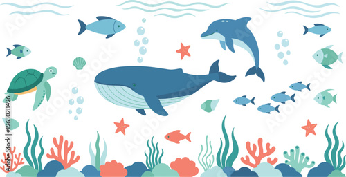 Underwater Ocean Scene Illustration Featuring Whale Dolphin Turtle Fish Coral Reef and Sea Plants in Flat Style for Marine Nature Design Projects.