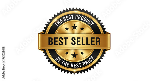 Golden best seller badge with black and white text on a white background