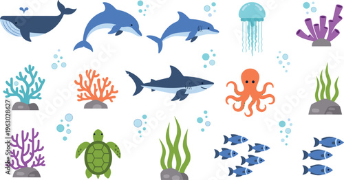 Marine Life Collection in Flat Cartoon Style Featuring Whale Dolphin Shark Octopus Turtle Jellyfish Coral and Fish for Ocean Nature and Underwater Design Projects.