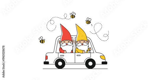Whimsical illustration of two bearded garden gnomes wearing tall hats driving a car accompanied by several flying bees.
