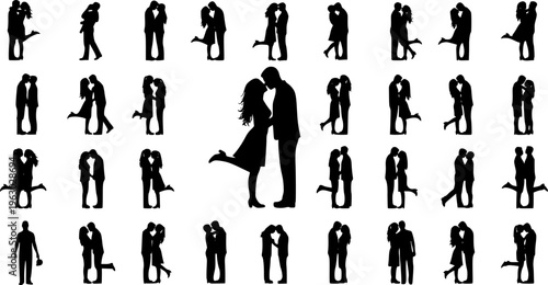Romantic Couples and Lovers Silhouette Collection - Diverse Hugging and Kissing Vector Poses