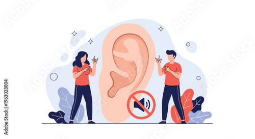 Hearing impaired communication concept with two people using sign language next to a large ear and muted audio icon.