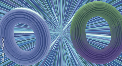 Two prominent ribbed torus shapes in cool blue and subtle green-purple hues, set against a background of radiating lines, conveying cosmic depth.