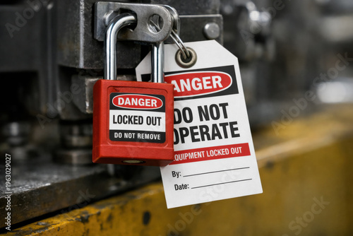 Red padlock with danger tag for lockout tagout safety procedure. warning on equipment states do not operate, serious workplace security measure