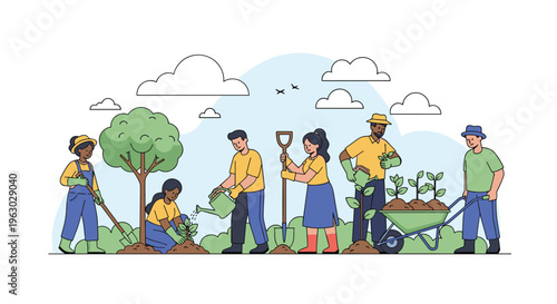 Diverse group of people working together to plant young trees and maintain a green garden space in a public park area.