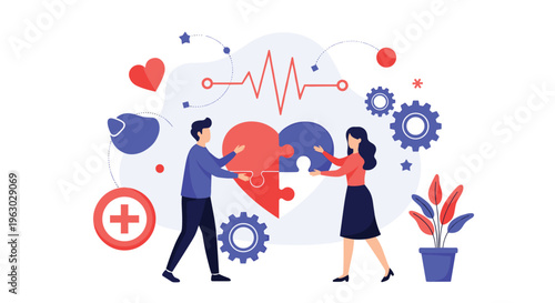 Healthcare partnership concept showing two medical professionals assembling a heart puzzle to represent collaborative care.