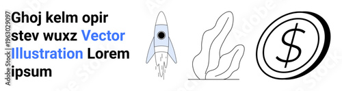 Business growth, financial concepts, startup innovation, modern marketing, eco-friendly initiatives, tech advancements. Minimalist rocket, abstract leaf and dollar symbol. Business growth