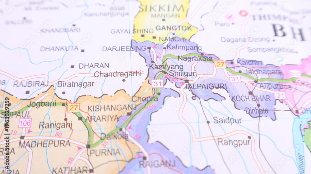 Fototapeta premium Map of Sikkim, Darjeeling and North Bengal Region, India