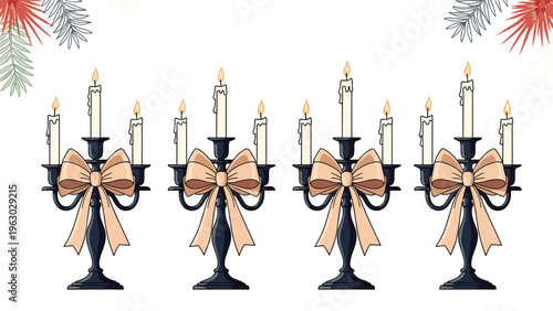 Row of four black metal candelabras with lit white candles and decorative beige bows set against a clean white background.