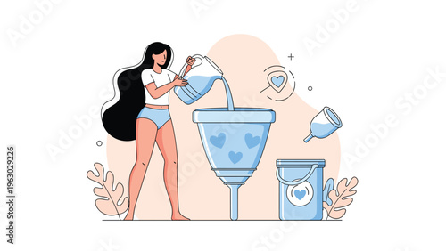Modern conceptual illustration of a woman pouring water into a large funnel featuring hearts and hygiene products on a light background.