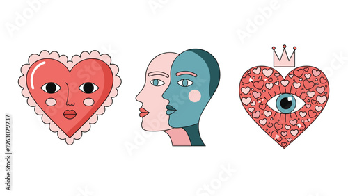 Surreal pop art illustration featuring two stylized hearts with eyes and two profiles of human faces in soft pink and blue tones.