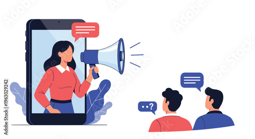 Digital marketing and mobile promotion concept showing a woman using a megaphone from a smartphone to reach an audience.