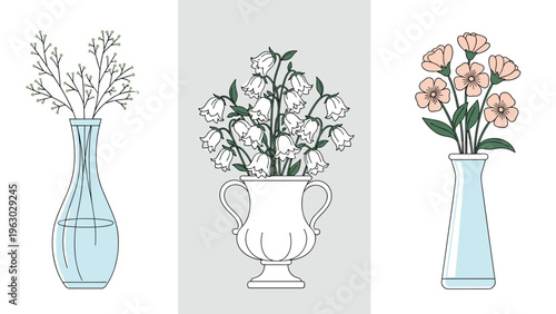 Artistic illustration of three elegant floral arrangements in glass and ceramic vases with varying flower types and soft colors.