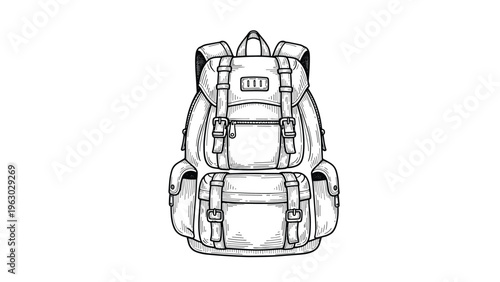 Detailed black and white ink sketch of a multi-pocketed travel rucksack with straps and buckles on a plain white background.