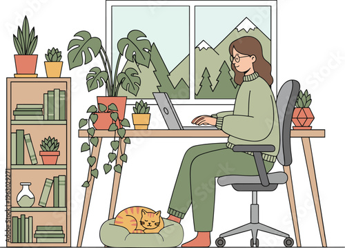 woman working from home with cat and plants
