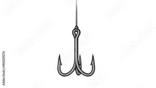 Detailed black and white illustration of a sharp triple-pronged fish hook hanging from a thin fishing line on a clean white background.