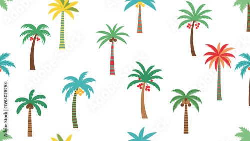 Cheerful seamless pattern featuring various colorful stylized palm trees with small fruits against a clean white background for summer.